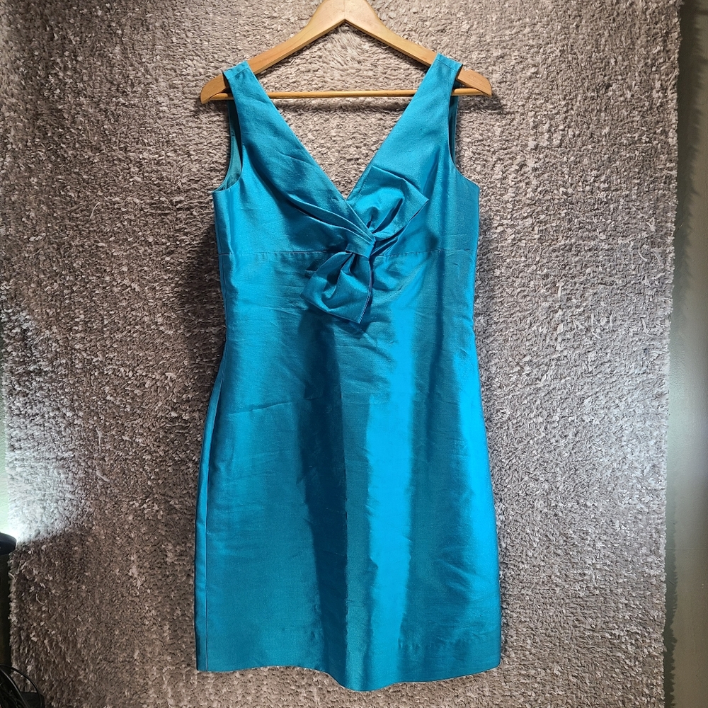 Kate Spade Evie Shift Blue Silk Blend Sleeveless‎ V-Neck Lined Bow Dress Size 8